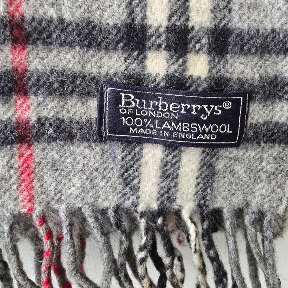 Vintage Burberrys Of London Gray and Red Plaid Wool Fabric Scarf - Picture 3 of 5